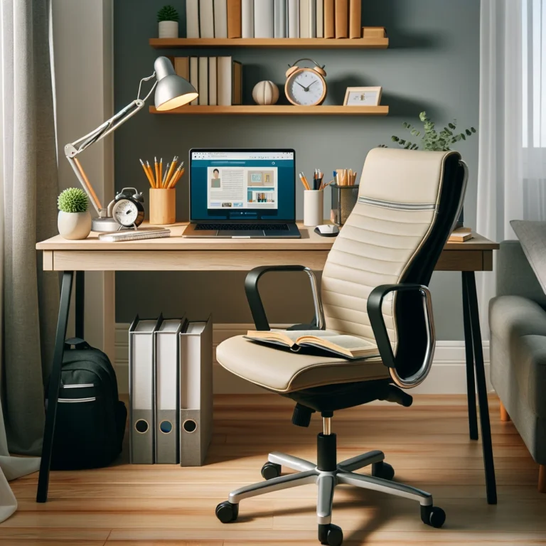 A student efficiently organizing their digital and physical study space, showing a well-lit, ergonomic setup with educational tools on the desk.