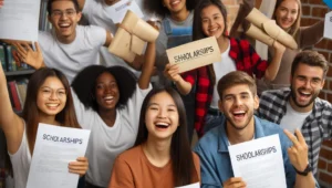 Students celebrating receiving scholarships in 2024, diverse group with acceptance letters