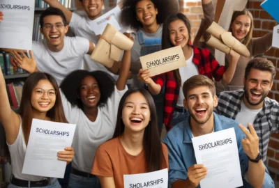 Students celebrating receiving scholarships in 2024, diverse group with acceptance letters