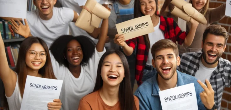 Students celebrating receiving scholarships in 2024, diverse group with acceptance letters