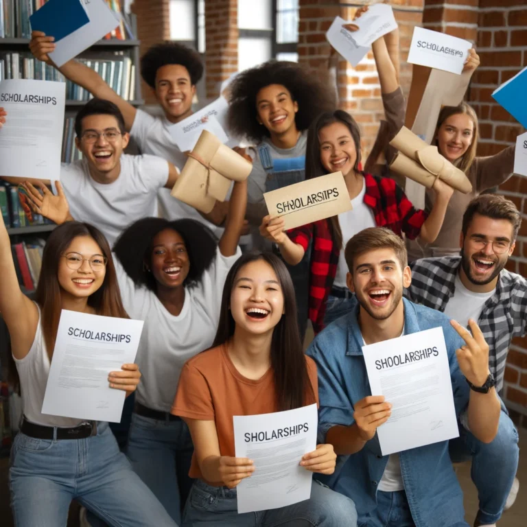 Students celebrating receiving scholarships in 2024, diverse group with acceptance letters