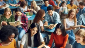 Students and books, with a diverse group of young people reading and discussing various books in a vibrant library setting.