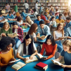 Students and books, with a diverse group of young people reading and discussing various books in a vibrant library setting.