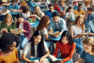 Students and books, with a diverse group of young people reading and discussing various books in a vibrant library setting.