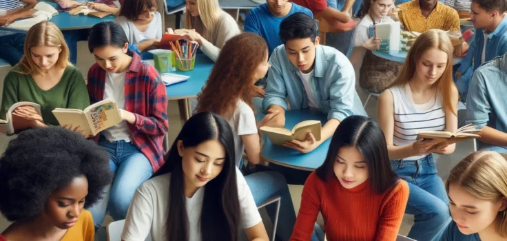 Students and books, with a diverse group of young people reading and discussing various books in a vibrant library setting.
