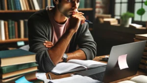 A student brainstorming ideas for a college application essay, surrounded by books and notes, reflecting deep thought and planning.