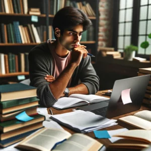 A student brainstorming ideas for a college application essay, surrounded by books and notes, reflecting deep thought and planning.