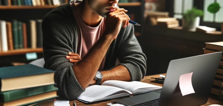 A student brainstorming ideas for a college application essay, surrounded by books and notes, reflecting deep thought and planning.
