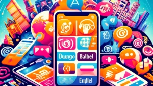 A vibrant collage of popular language learning apps and software interfaces, symbolizing diverse and interactive language education tools