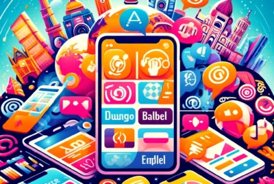 A vibrant collage of popular language learning apps and software interfaces, symbolizing diverse and interactive language education tools
