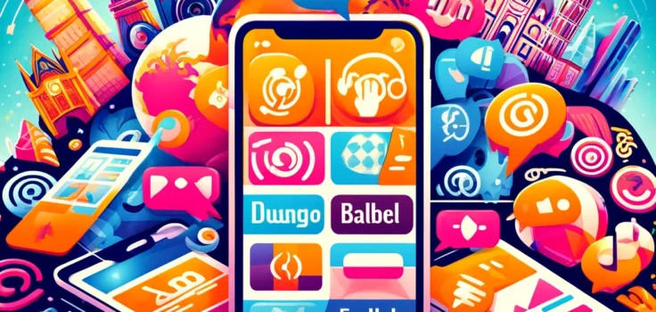 A vibrant collage of popular language learning apps and software interfaces, symbolizing diverse and interactive language education tools