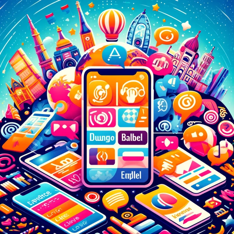 A vibrant collage of popular language learning apps and software interfaces, symbolizing diverse and interactive language education tools