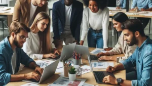 A diverse group of interns collaborating on a project in a modern office environment, reflecting a dynamic and inclusive internship experience.