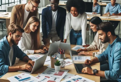 A diverse group of interns collaborating on a project in a modern office environment, reflecting a dynamic and inclusive internship experience.