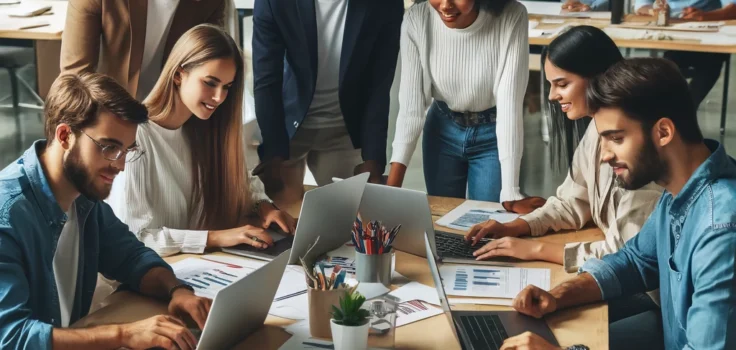 A diverse group of interns collaborating on a project in a modern office environment, reflecting a dynamic and inclusive internship experience.