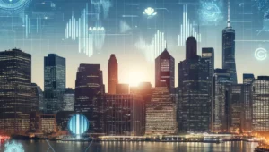 A futuristic city skyline with digital graphs and currency symbols, representing the dynamic and evolving investment landscape in 2024.
