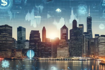 A futuristic city skyline with digital graphs and currency symbols, representing the dynamic and evolving investment landscape in 2024.