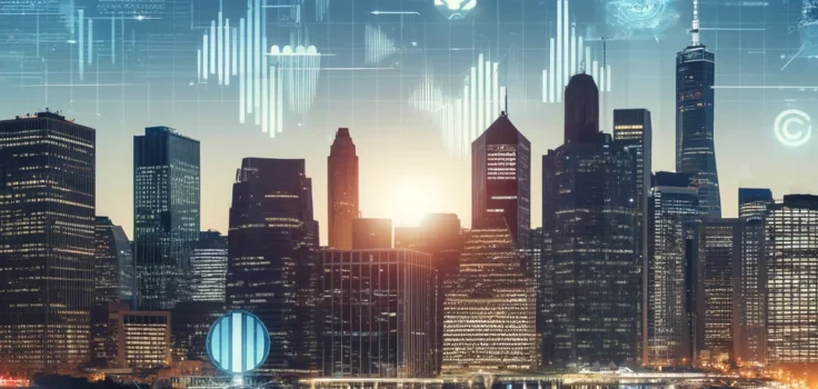 A futuristic city skyline with digital graphs and currency symbols, representing the dynamic and evolving investment landscape in 2024.