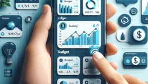 Smartphone displaying various budgeting app interfaces, illustrating tools for financial tracking and budget management in a user-friendly layout.