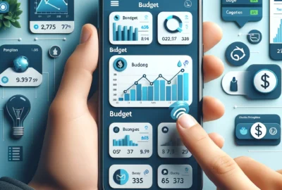 Smartphone displaying various budgeting app interfaces, illustrating tools for financial tracking and budget management in a user-friendly layout.