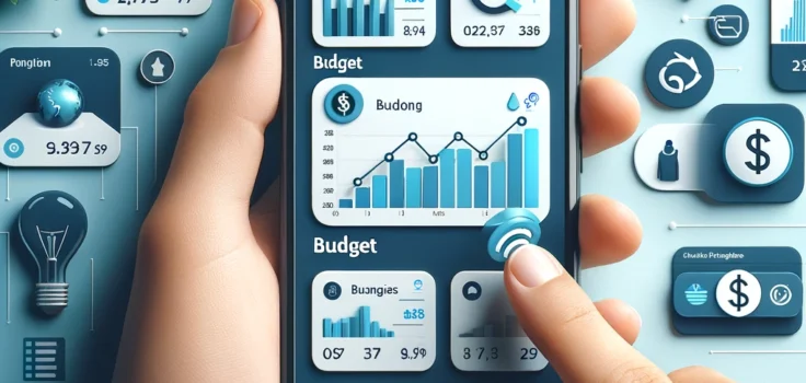 Smartphone displaying various budgeting app interfaces, illustrating tools for financial tracking and budget management in a user-friendly layout.