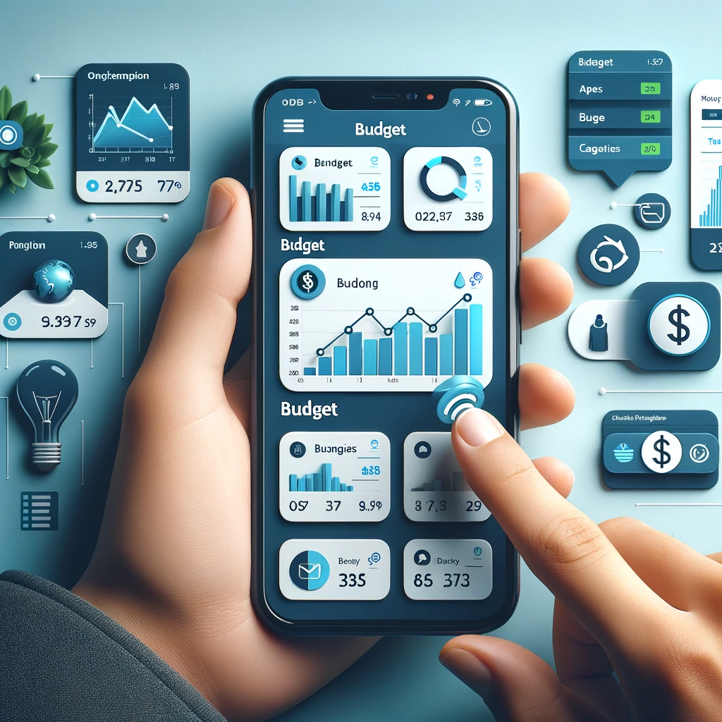 Smartphone displaying various budgeting app interfaces, illustrating tools for financial tracking and budget management in a user-friendly layout.