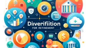 Illustration of diverse investment portfolios for retirement, showcasing stocks, bonds, and real estate to emphasize the importance of diversification.