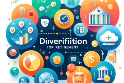 Illustration of diverse investment portfolios for retirement, showcasing stocks, bonds, and real estate to emphasize the importance of diversification.