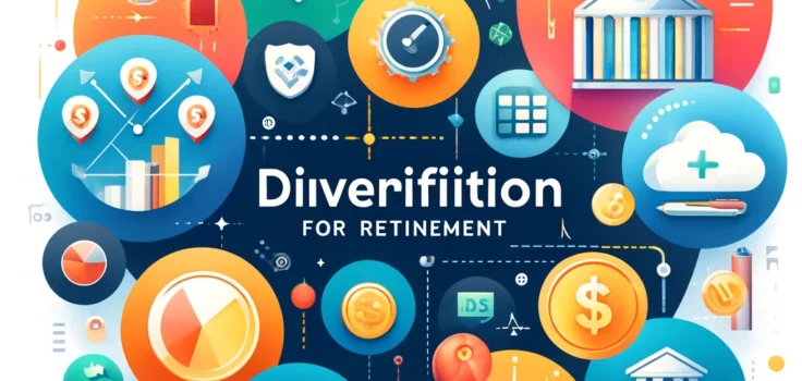 Illustration of diverse investment portfolios for retirement, showcasing stocks, bonds, and real estate to emphasize the importance of diversification.