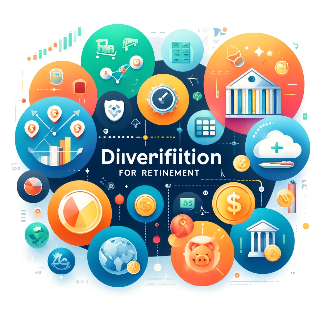 Illustration of diverse investment portfolios for retirement, showcasing stocks, bonds, and real estate to emphasize the importance of diversification.