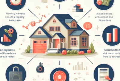 A detailed infographic explaining key factors that influence mortgage rates, including credit scores, down payments, and loan types, designed to help homebuyers understand how to secure the best rates for their new home.