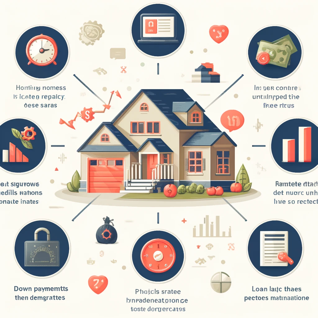 A detailed infographic explaining key factors that influence mortgage rates, including credit scores, down payments, and loan types, designed to help homebuyers understand how to secure the best rates for their new home.