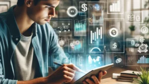 A visual representation of a young adult using a digital tablet to plan their budget and finances, highlighting various financial planning tools and charts.