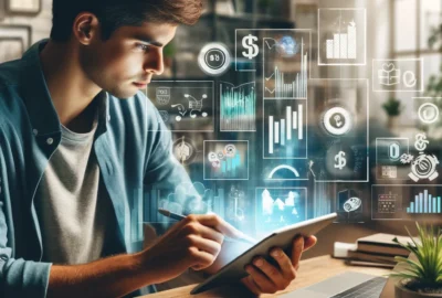 A visual representation of a young adult using a digital tablet to plan their budget and finances, highlighting various financial planning tools and charts.
