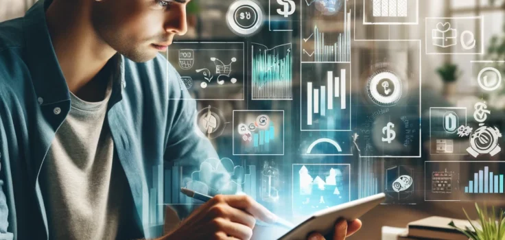 A visual representation of a young adult using a digital tablet to plan their budget and finances, highlighting various financial planning tools and charts.