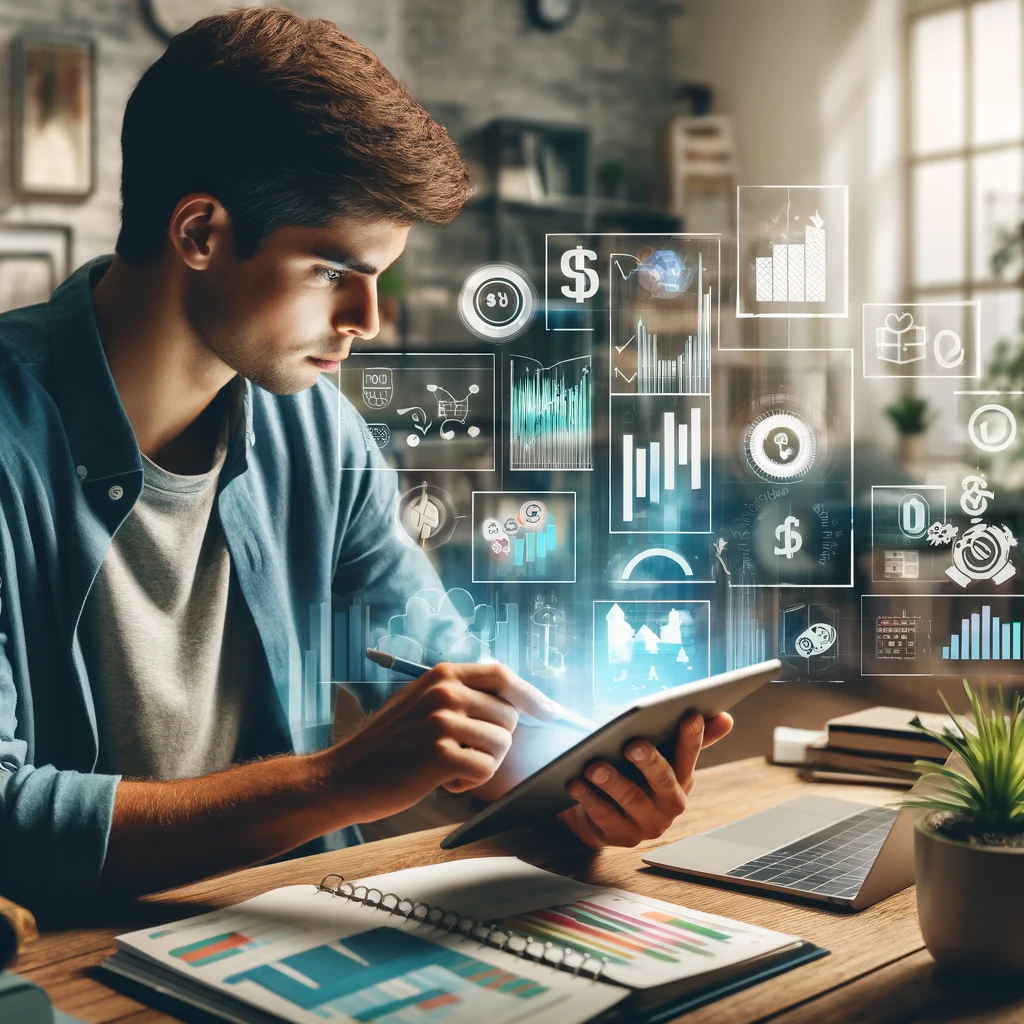 A visual representation of a young adult using a digital tablet to plan their budget and finances, highlighting various financial planning tools and charts.