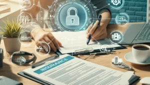 A person examining various insurance documents with icons representing different types of insurance like health, auto, and home, symbolizing comprehensive insurance planning.