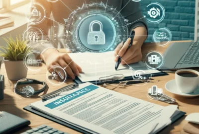 A person examining various insurance documents with icons representing different types of insurance like health, auto, and home, symbolizing comprehensive insurance planning.