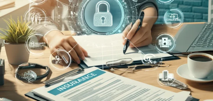 A person examining various insurance documents with icons representing different types of insurance like health, auto, and home, symbolizing comprehensive insurance planning.