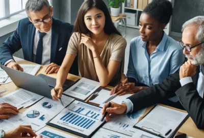 A comprehensive image illustrating individuals and business owners consulting with a tax advisor to strategize tax savings effectively.
