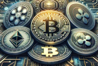 A detailed illustration of diverse cryptocurrencies represented as coins with futuristic digital elements, symbolizing investment potential and market dynamics.