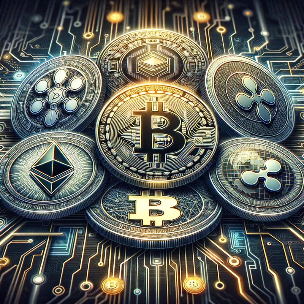 A detailed illustration of diverse cryptocurrencies represented as coins with futuristic digital elements, symbolizing investment potential and market dynamics.