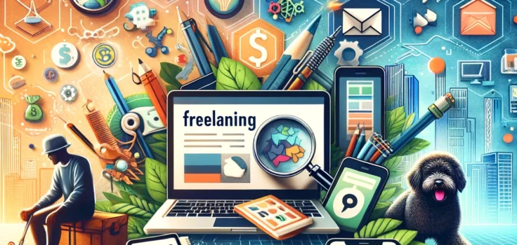 A creative collage representing various side hustles like freelancing, e-commerce, and pet sitting, symbolizing diverse income streams in 2024.