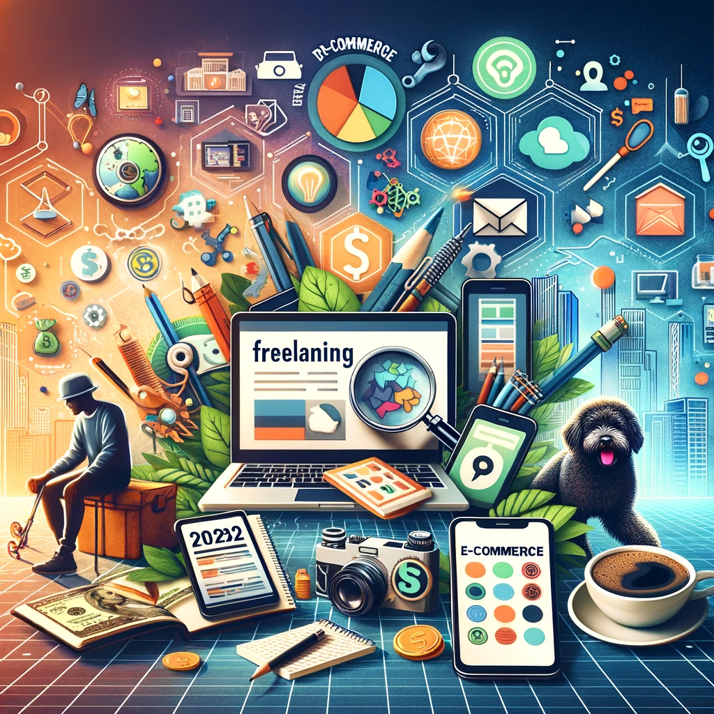 A creative collage representing various side hustles like freelancing, e-commerce, and pet sitting, symbolizing diverse income streams in 2024.