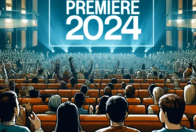 Illustration of a crowded movie theater with people watching a premiere of a highly anticipated movie in 2024, showcasing excitement and engagement with diverse audiences.