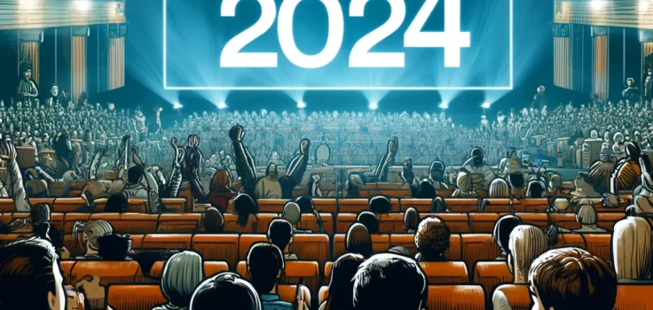 Illustration of a crowded movie theater with people watching a premiere of a highly anticipated movie in 2024, showcasing excitement and engagement with diverse audiences.
