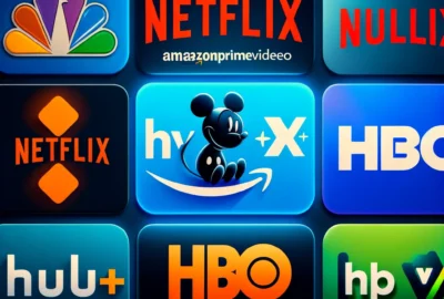 An image showcasing various logos of popular streaming services including Netflix, Amazon Prime Video, Hulu, Disney+, HBO Max, and Apple TV+, symbolizing the diverse options available for online entertainment in 2024.