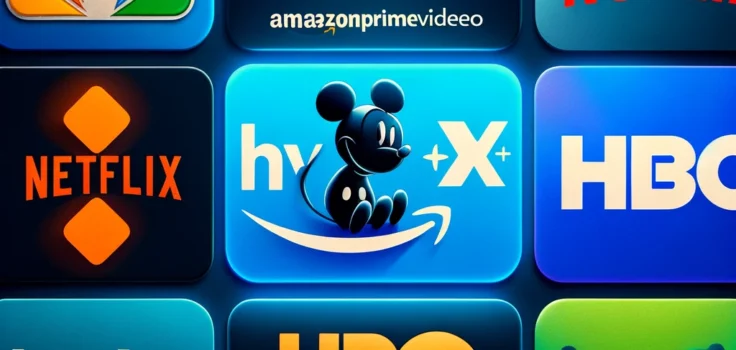 An image showcasing various logos of popular streaming services including Netflix, Amazon Prime Video, Hulu, Disney+, HBO Max, and Apple TV+, symbolizing the diverse options available for online entertainment in 2024.