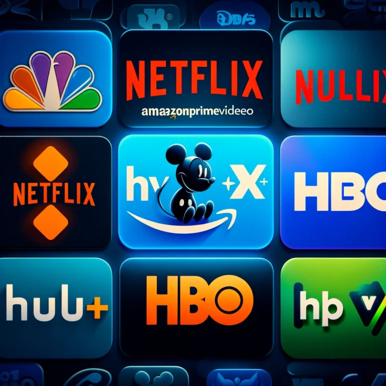 An image showcasing various logos of popular streaming services including Netflix, Amazon Prime Video, Hulu, Disney+, HBO Max, and Apple TV+, symbolizing the diverse options available for online entertainment in 2024.