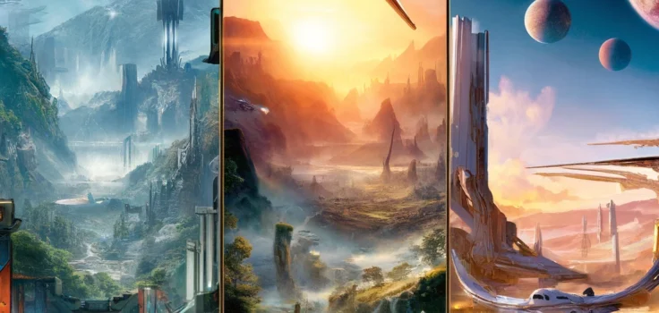 Illustrative montage of upcoming 2024 video game releases, showcasing snippets from "Elder Scrolls VI," "Starfield," and "Horizon Forbidden West."